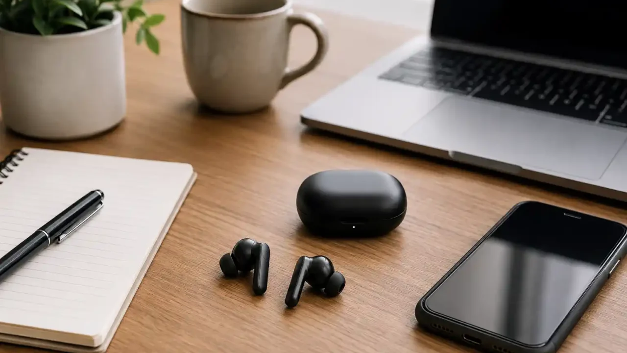 Wireless earbuds on a desk with laptop, notebook, smartphone, and coffee for work and everyday listening
