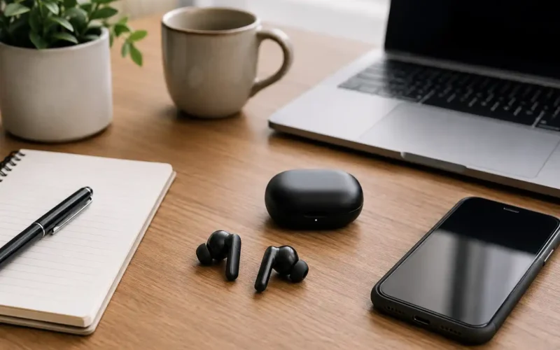 Wireless earbuds on a desk with laptop, notebook, smartphone, and coffee for work and everyday listening
