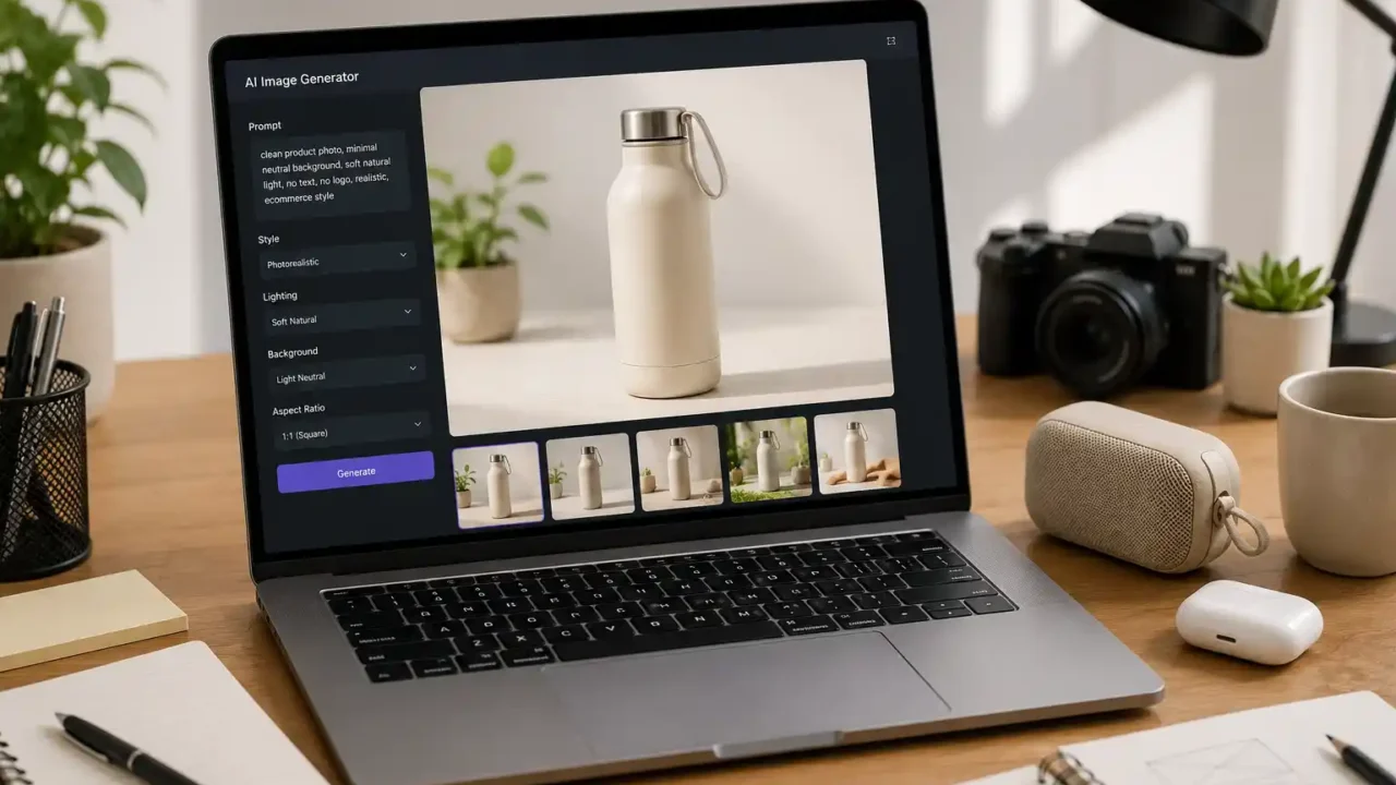AI image generator for product photos on a laptop with ecommerce product visuals