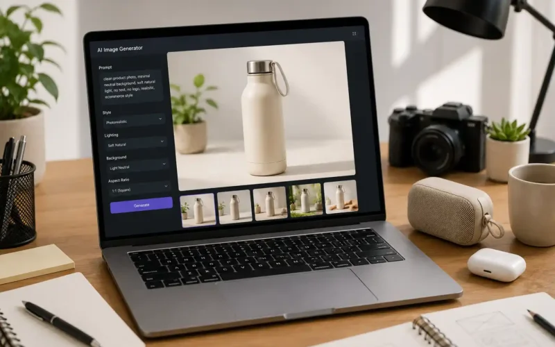 AI image generator for product photos on a laptop with ecommerce product visuals