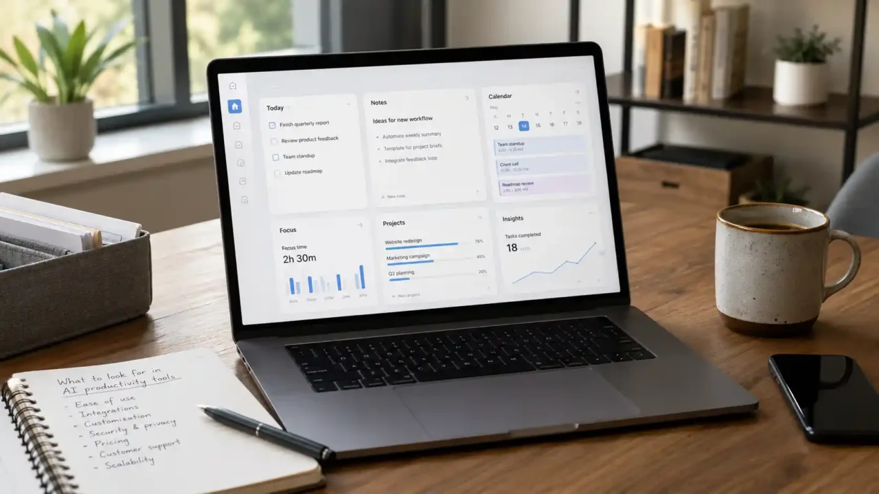 Laptop workspace with productivity dashboard notebook calendar notes and coffee for choosing AI tools
