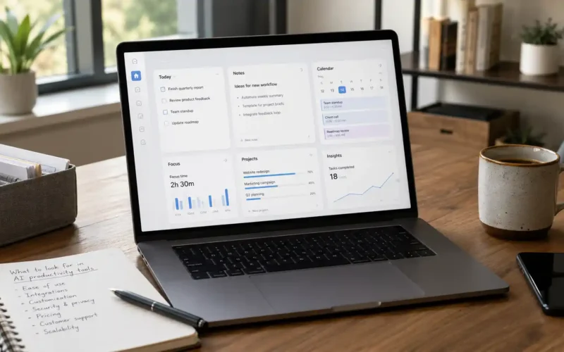 Laptop workspace with productivity dashboard notebook calendar notes and coffee for choosing AI tools
