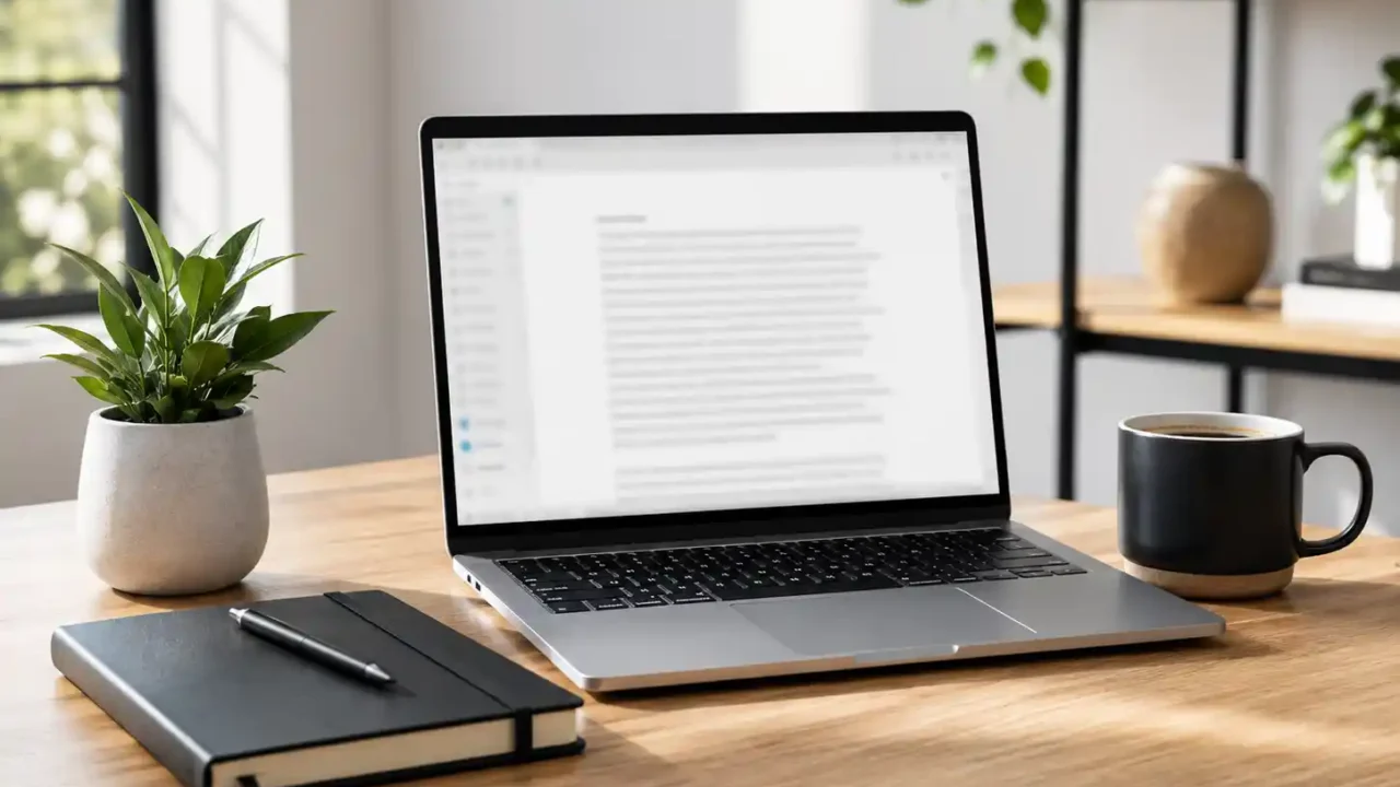 AI writing tool for small business content shown on a clean desk setup with laptop notebook and workspace accessories