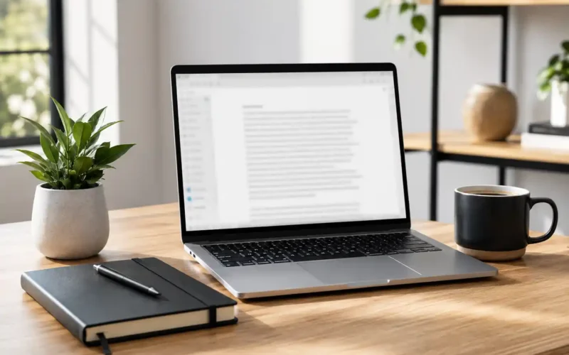 AI writing tool for small business content shown on a clean desk setup with laptop notebook and workspace accessories