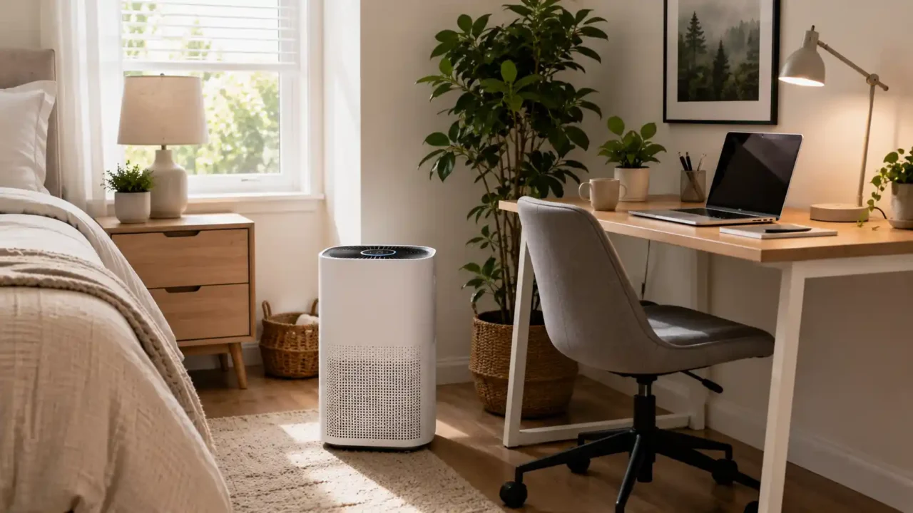 Air purifier buying guide with white air purifier in a clean bedroom and home office corner with desk, laptop, plant, and natural light