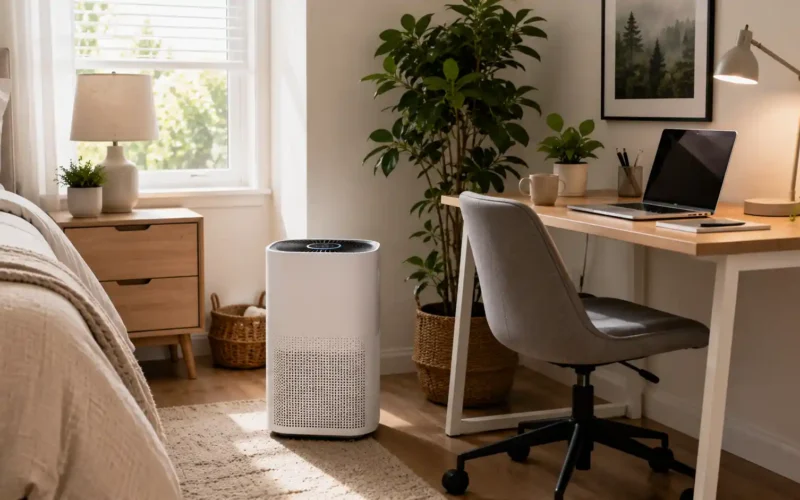 Air purifier buying guide with white air purifier in a clean bedroom and home office corner with desk, laptop, plant, and natural light