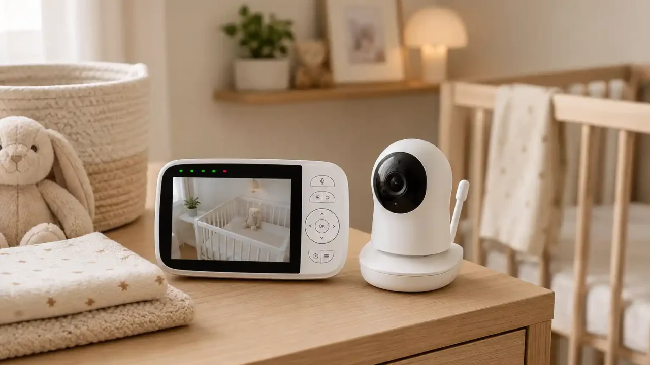 Baby monitor for new parents on a clean nursery dresser with soft neutral baby room setup