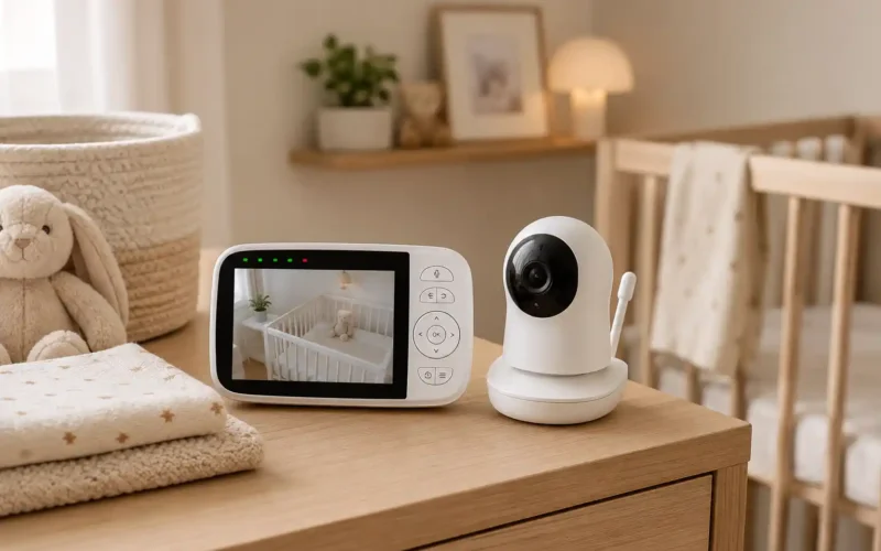 Baby monitor for new parents on a clean nursery dresser with soft neutral baby room setup