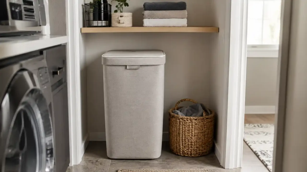 Laundry hamper for small spaces in a small organized laundry corner with folded towels and woven basket