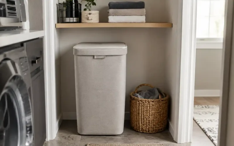 Laundry hamper for small spaces in a small organized laundry corner with folded towels and woven basket