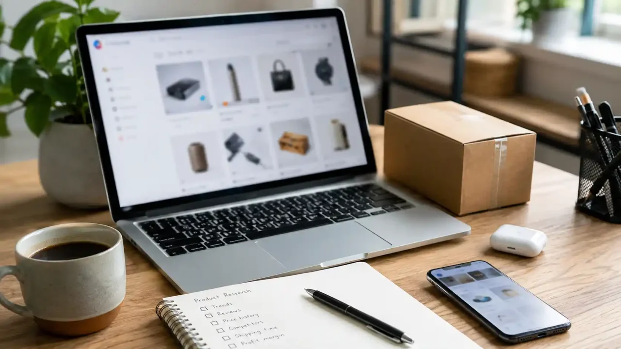 Buying trending products online with laptop, smartphone, notebook checklist, package box, and product research desk