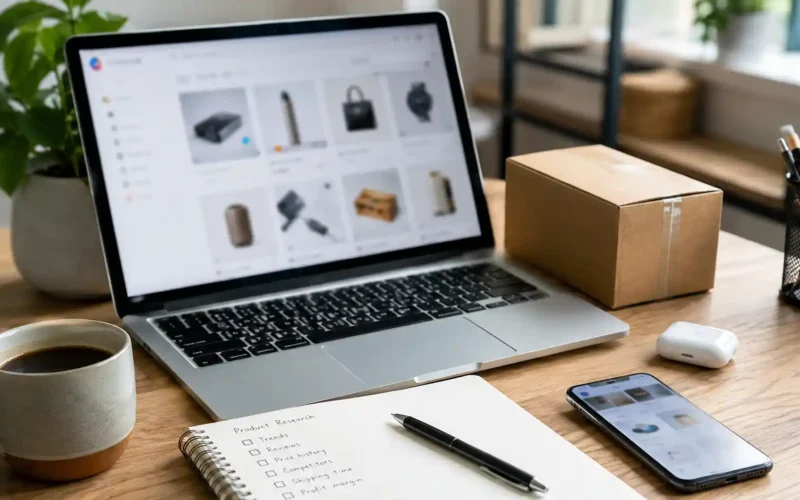 Buying trending products online with laptop, smartphone, notebook checklist, package box, and product research desk