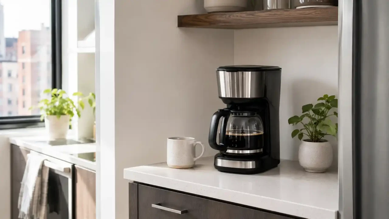 Coffee maker for small kitchens on a compact kitchen counter with a mug and clean modern setup