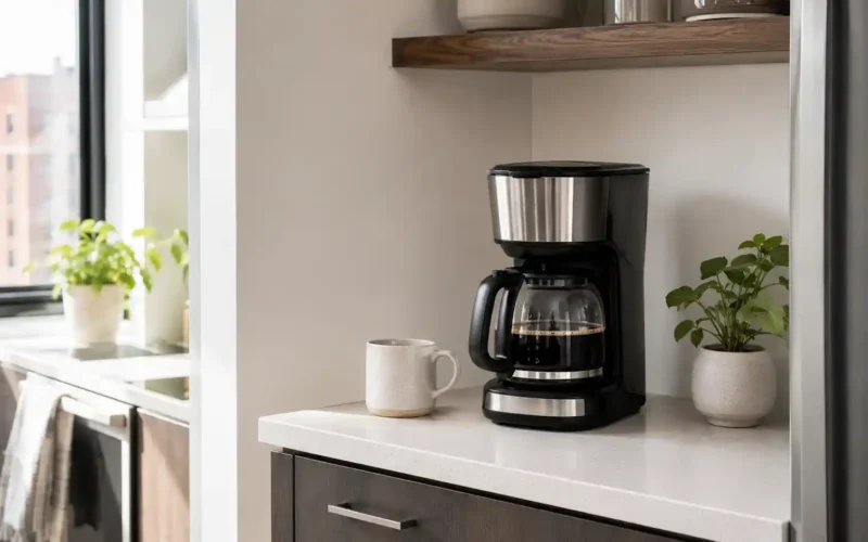 Coffee maker for small kitchens on a compact kitchen counter with a mug and clean modern setup