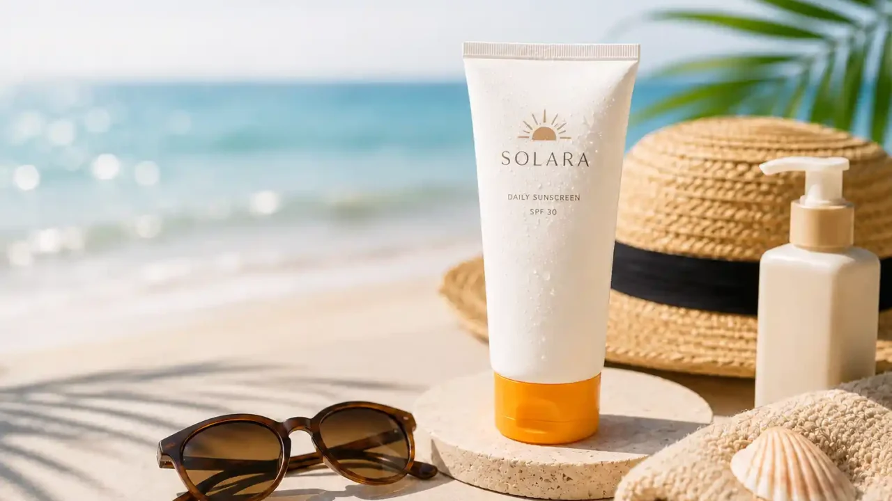 Daily sunscreen buying guide with sunscreen tube, sunglasses, straw hat, towel, shell, and beach essentials