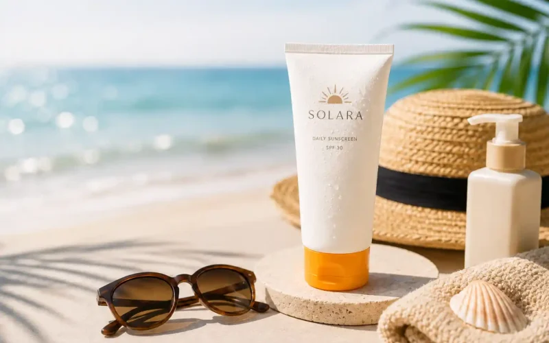 Daily sunscreen buying guide with sunscreen tube, sunglasses, straw hat, towel, shell, and beach essentials