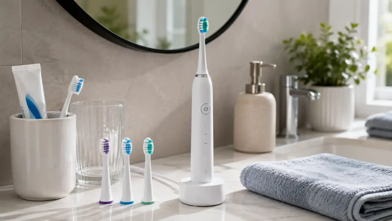 Electric toothbrush buying guide with electric toothbrush, replacement brush heads, charging base, towel, toothpaste, glass cup, and bathroom vanity