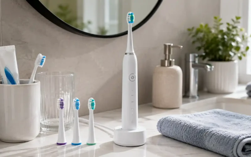 Electric toothbrush buying guide with electric toothbrush, replacement brush heads, charging base, towel, toothpaste, glass cup, and bathroom vanity