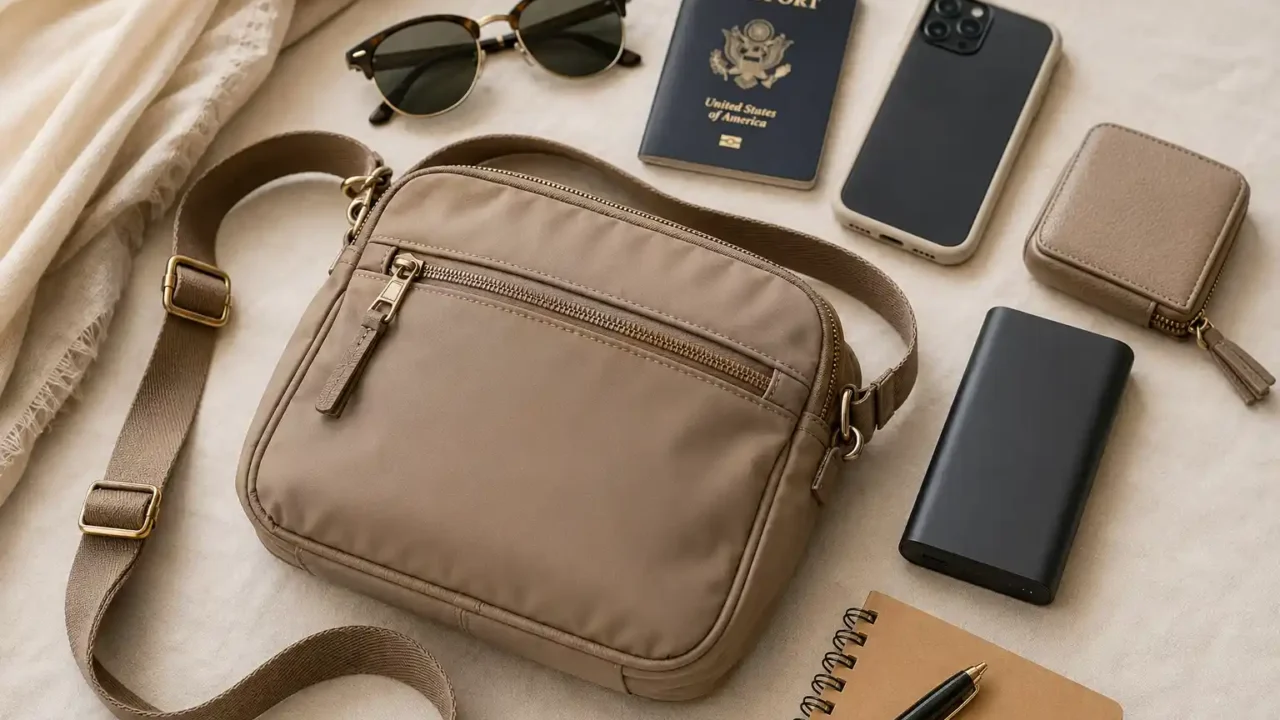 everyday crossbody bag for travel with passport sunglasses phone and compact travel essentials