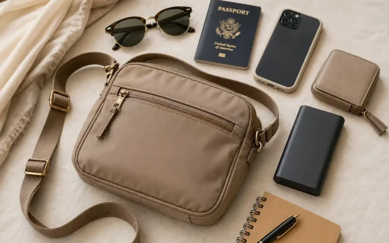 everyday crossbody bag for travel with passport sunglasses phone and compact travel essentials