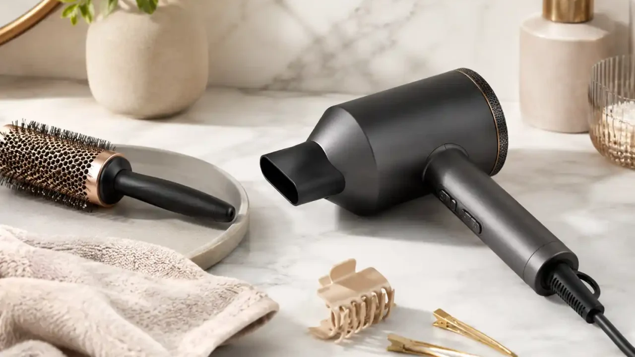 Hair dryer for everyday styling on a clean bathroom vanity with towel brush and beauty accessories