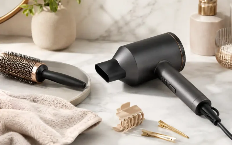 Hair dryer for everyday styling on a clean bathroom vanity with towel brush and beauty accessories
