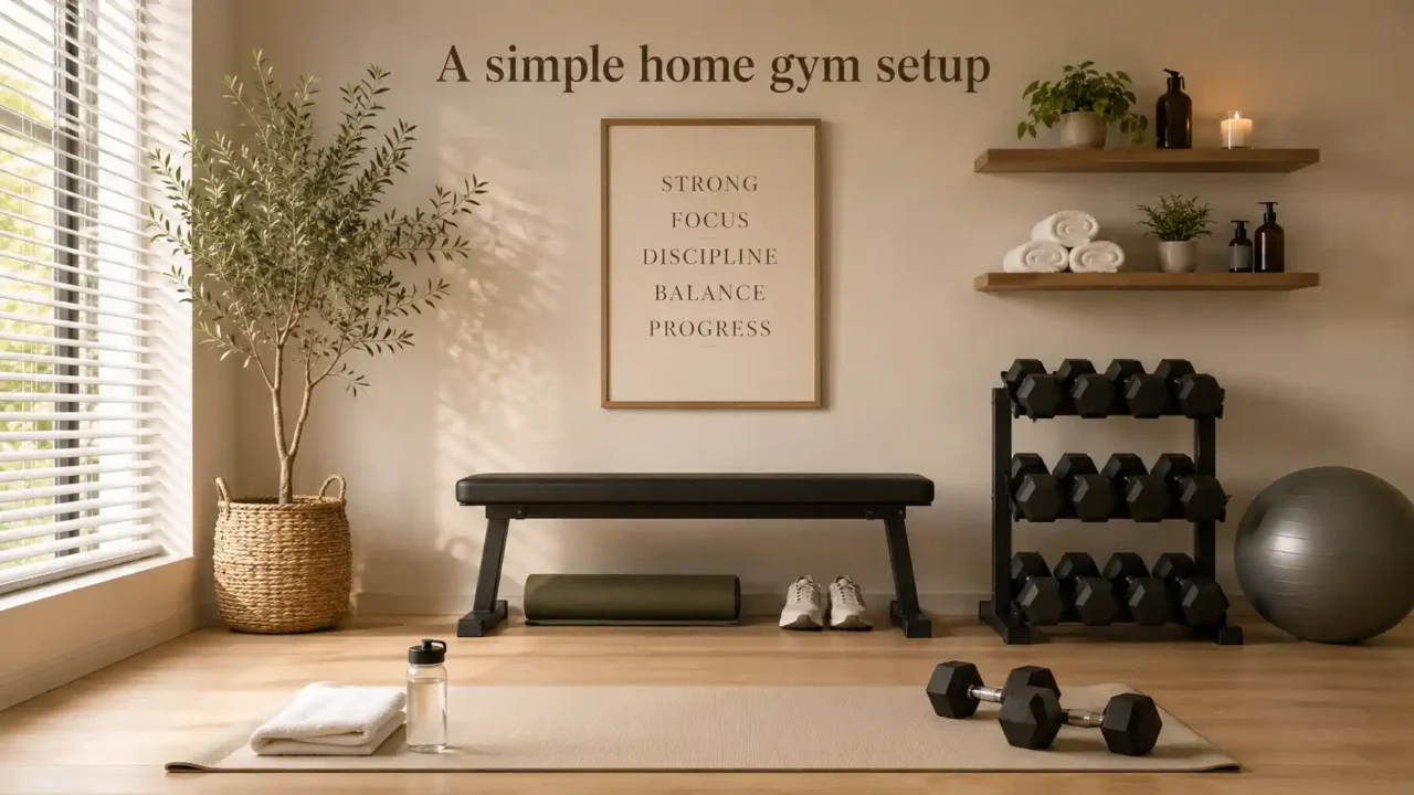 Home gym essentials for beginners with workout bench, yoga mat, dumbbells, towels, water bottle, exercise ball, and home fitness storage