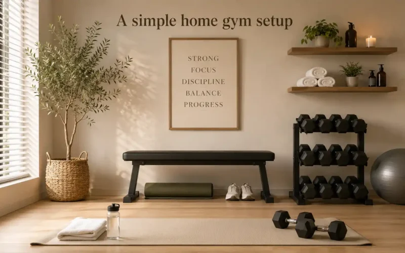Home gym essentials for beginners with workout bench, yoga mat, dumbbells, towels, water bottle, exercise ball, and home fitness storage