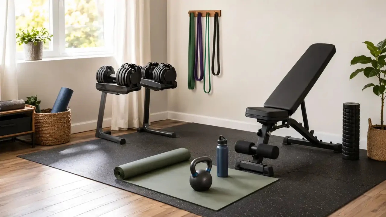 Home gym essentials for beginners with adjustable dumbbells, resistance bands, exercise mat, kettlebell, and workout bench
