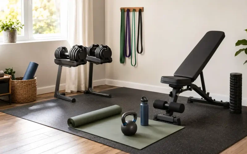 Home gym essentials for beginners with adjustable dumbbells, resistance bands, exercise mat, kettlebell, and workout bench