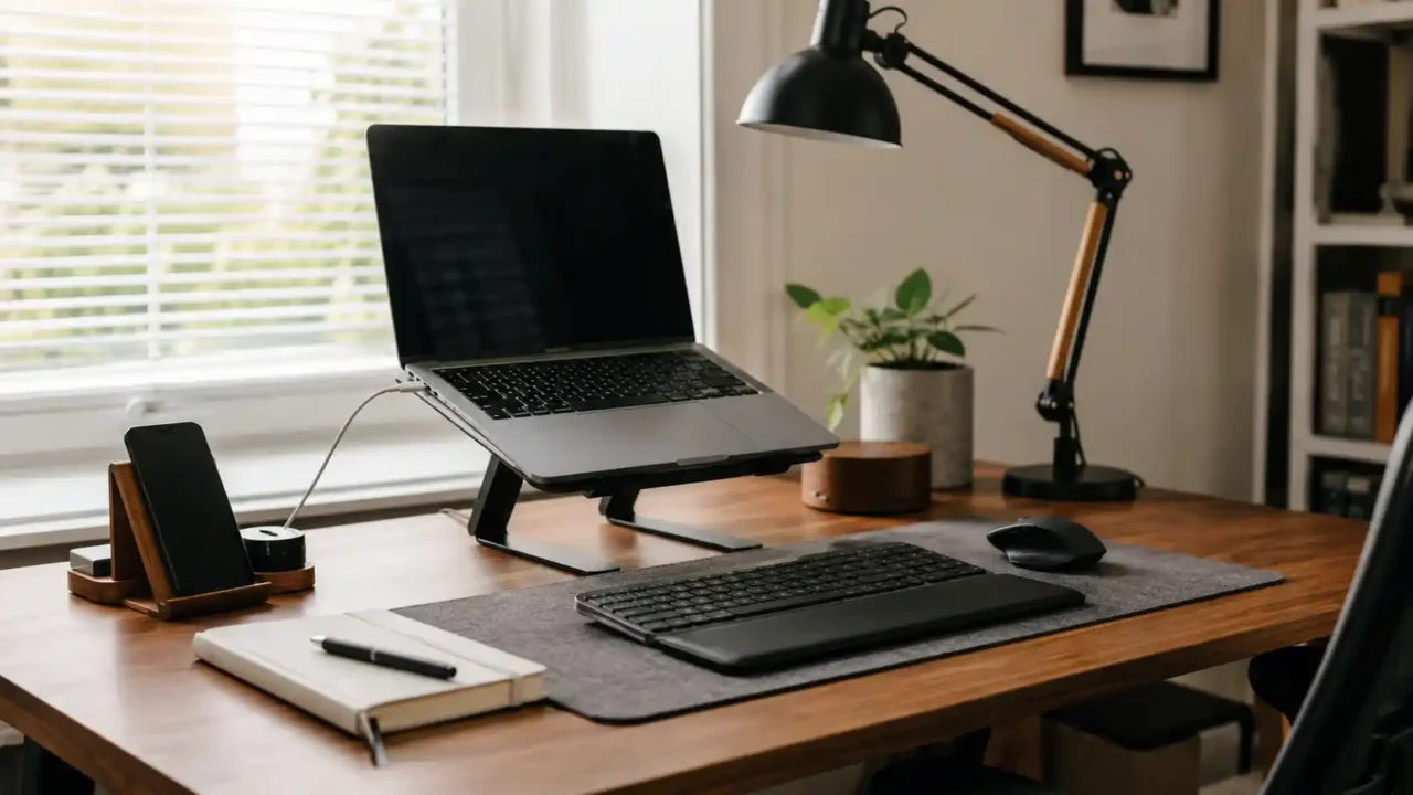 Comfortable home office desk setup with laptop stand keyboard mouse desk mat lamp notebook and plant