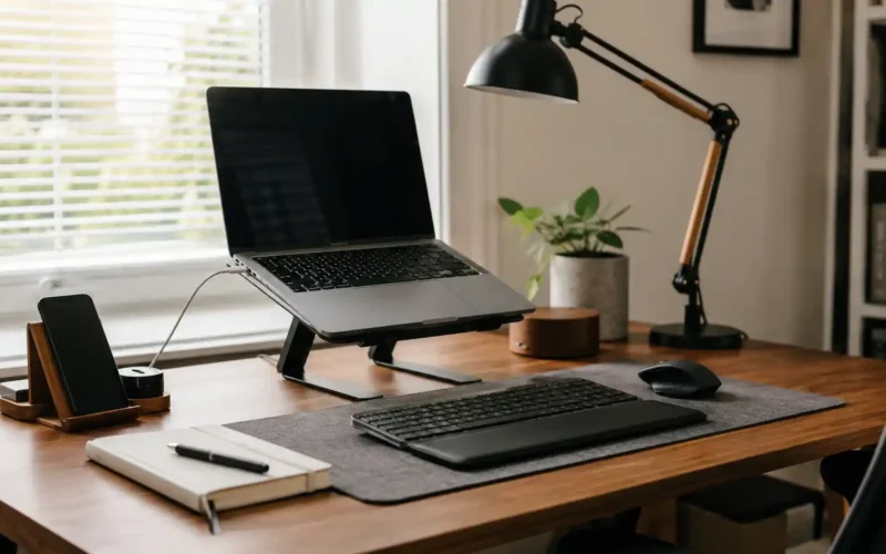 Comfortable home office desk setup with laptop stand keyboard mouse desk mat lamp notebook and plant