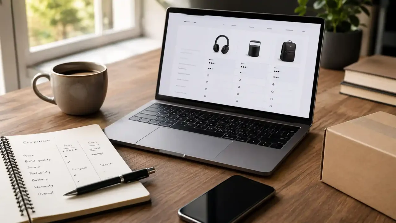 Useful online deal research on a laptop with notebook phone coffee and package