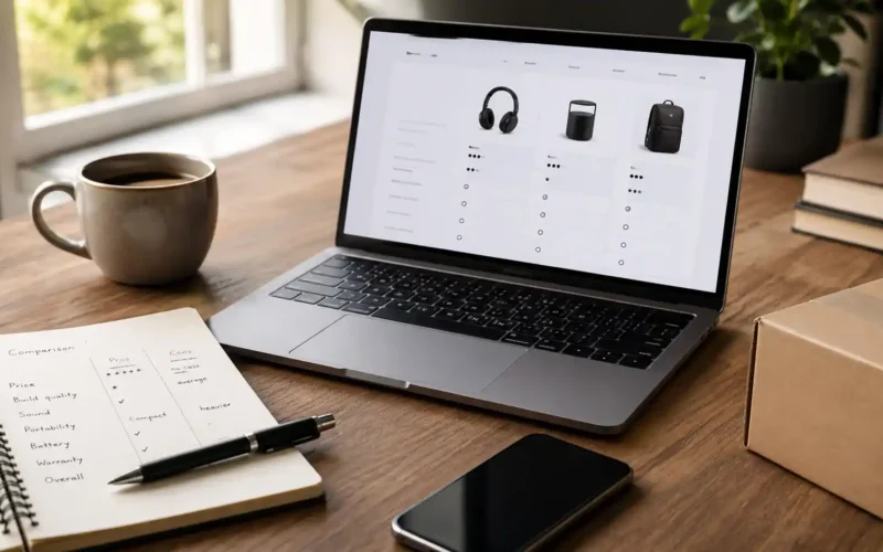 Useful online deal research on a laptop with notebook phone coffee and package
