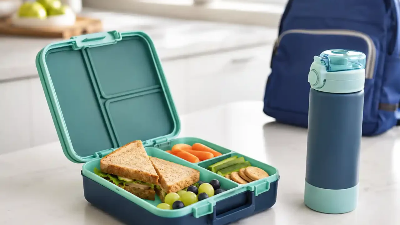 Kids lunch box for school open on a clean kitchen counter with bento compartments and school backpack nearby