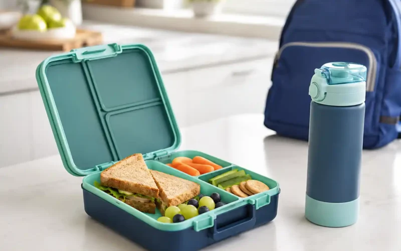 Kids lunch box for school open on a clean kitchen counter with bento compartments and school backpack nearby
