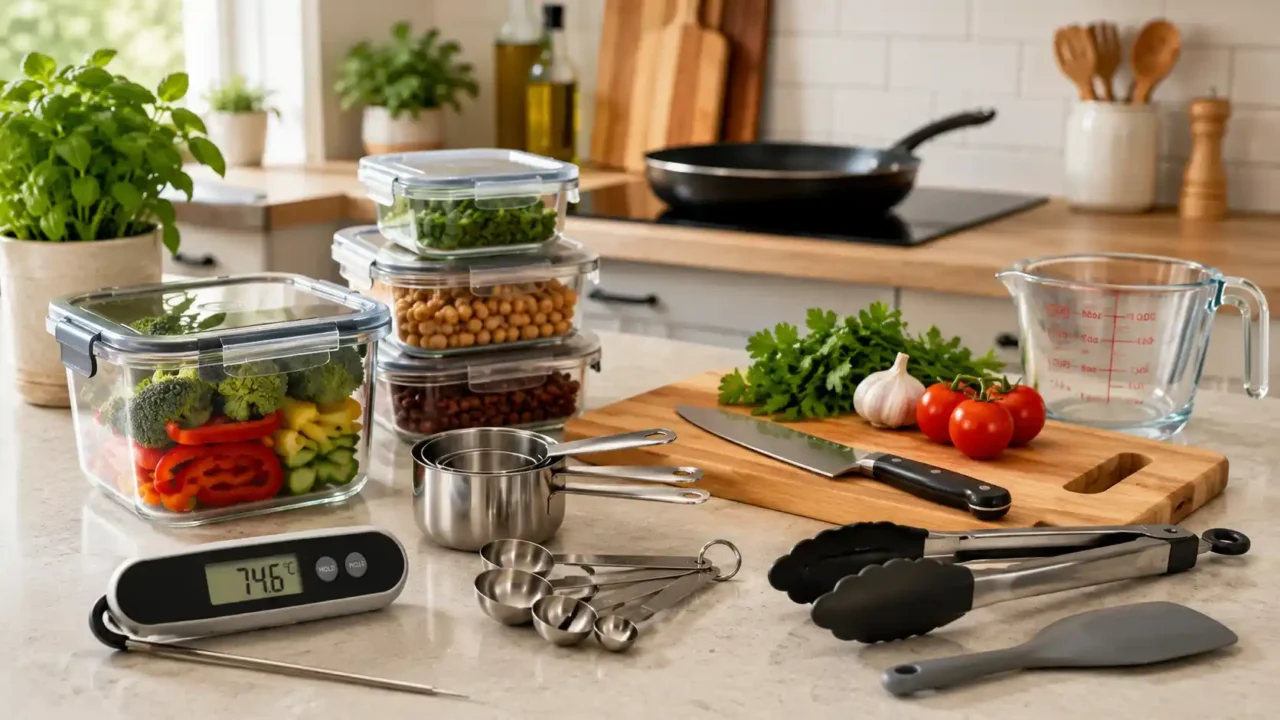 Kitchen gadgets for everyday cooking with food thermometer, measuring tools, storage containers, spatula, tongs, cutting board, vegetables, and pan