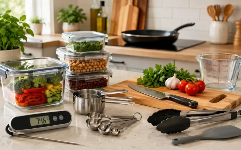 Kitchen gadgets for everyday cooking with food thermometer, measuring tools, storage containers, spatula, tongs, cutting board, vegetables, and pan