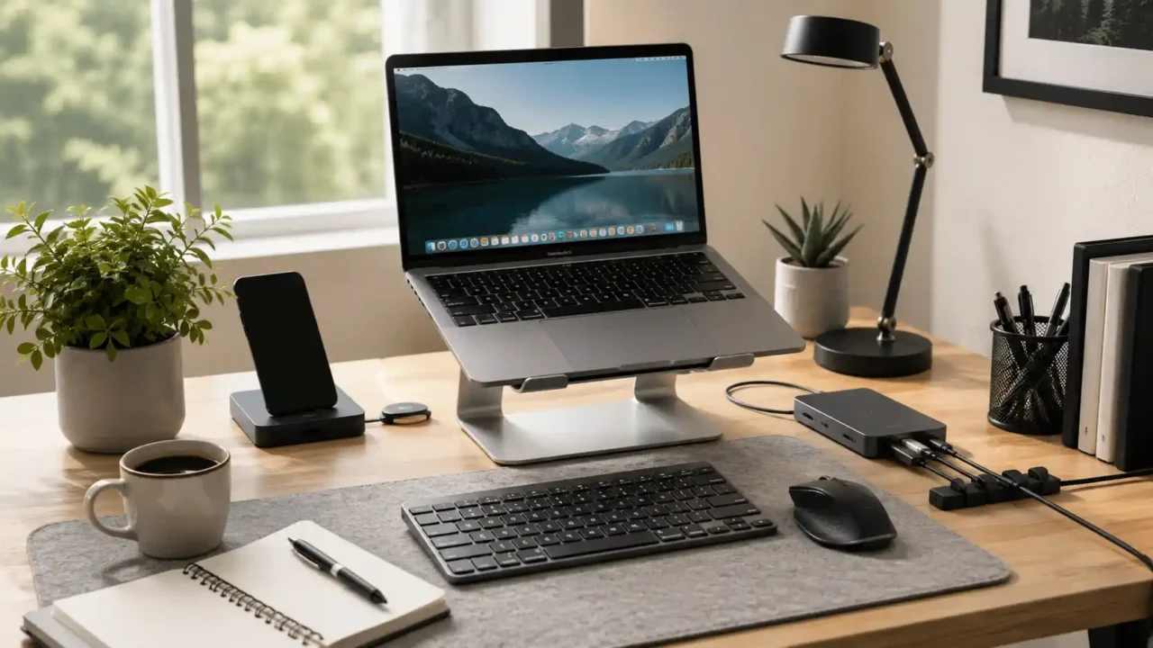 Laptop accessories for desk setup with laptop stand, keyboard, mouse, USB-C hub, cable clips, desk lamp, notebook, and plant