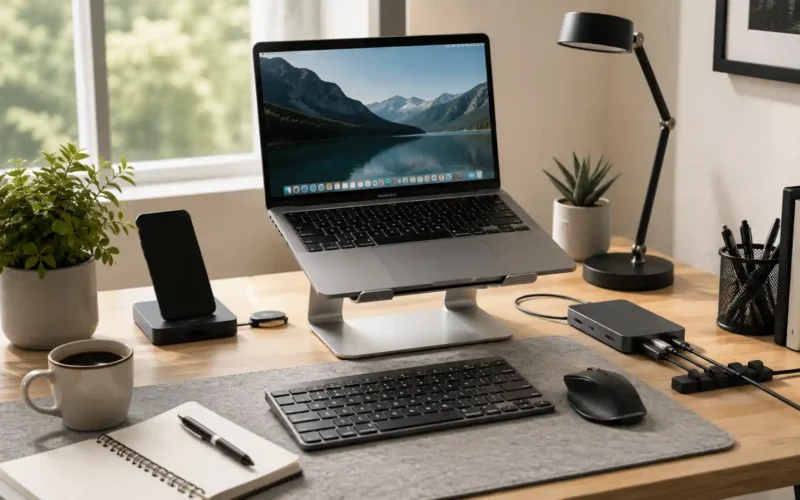 Laptop accessories for desk setup with laptop stand, keyboard, mouse, USB-C hub, cable clips, desk lamp, notebook, and plant