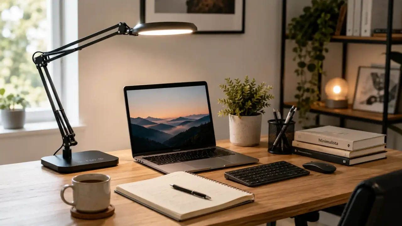 LED desk lamp buying guide with adjustable desk lamp, laptop, notebook, keyboard, coffee cup, books, and plant in a modern home office