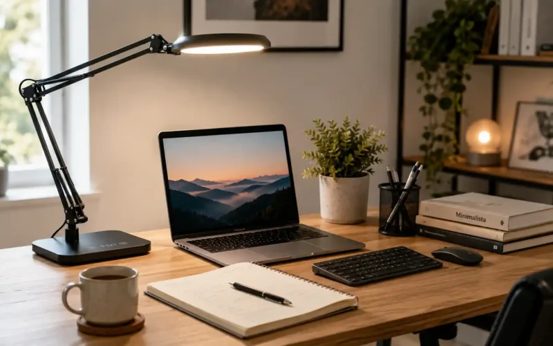 LED desk lamp buying guide with adjustable desk lamp, laptop, notebook, keyboard, coffee cup, books, and plant in a modern home office