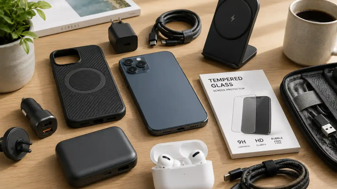 Phone accessories on a desk with smartphone case charger cable screen protector power bank and wireless charger