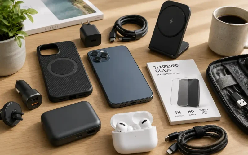 Phone accessories on a desk with smartphone case charger cable screen protector power bank and wireless charger