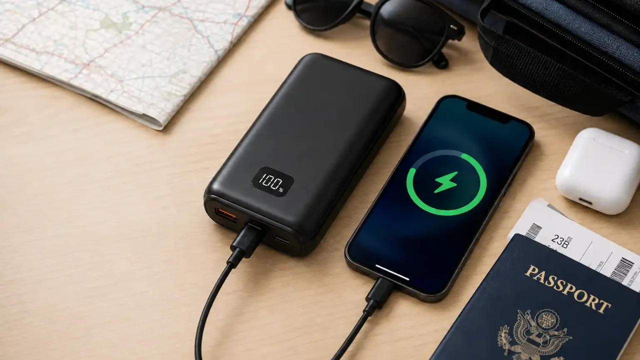 Portable power bank for travel and daily use on a clean travel desk with phone and travel accessories