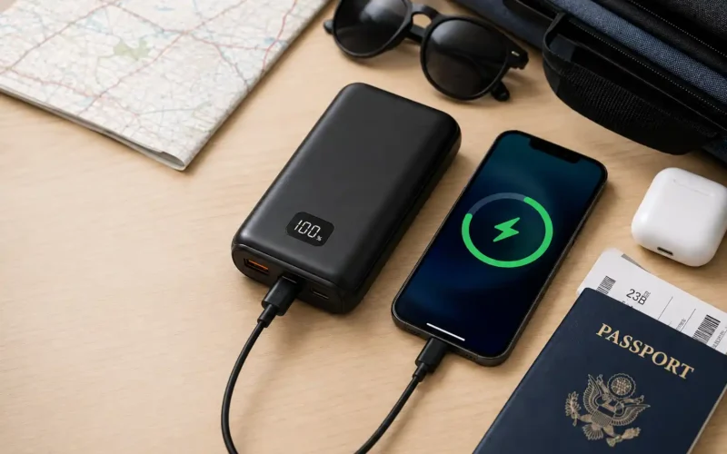 Portable power bank for travel and daily use on a clean travel desk with phone and travel accessories