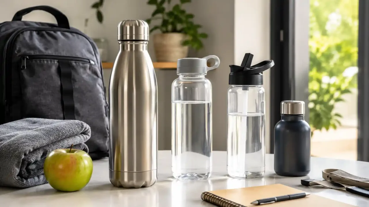 Reusable water bottle buying guide with insulated bottle, clear bottle, straw lid bottle, travel bottle, backpack, towel, fruit, and notebook