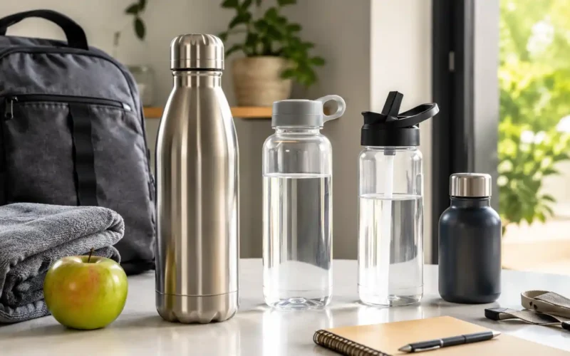 Reusable water bottle buying guide with insulated bottle, clear bottle, straw lid bottle, travel bottle, backpack, towel, fruit, and notebook