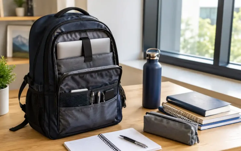 school backpack with laptop compartment beside notebooks and a water bottle
