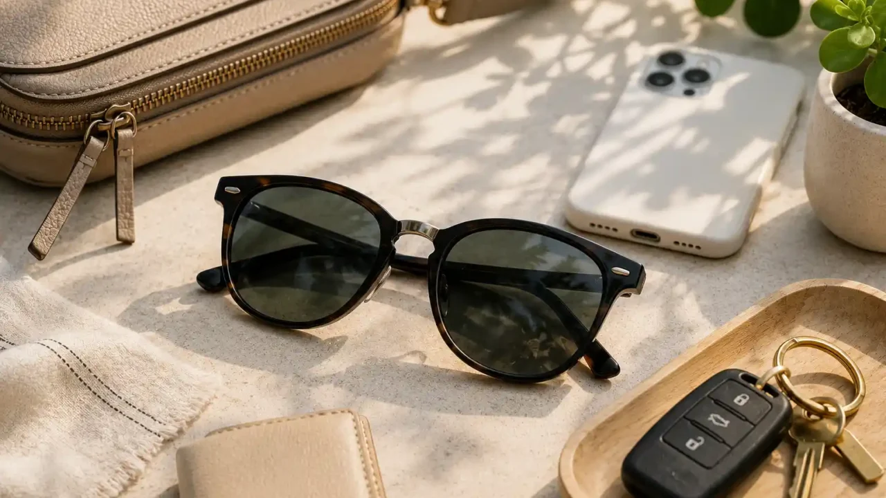 sunglasses for daily wear with everyday accessories on a neutral surface